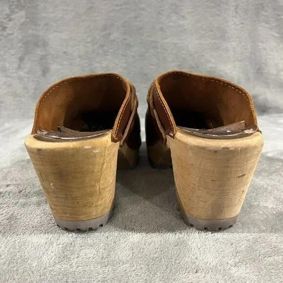 MIA Elsa Clogs 8.5 / 39 Brown Leather Braid Platform Made In Sweden Tan Chunky - Picture 4 of 11